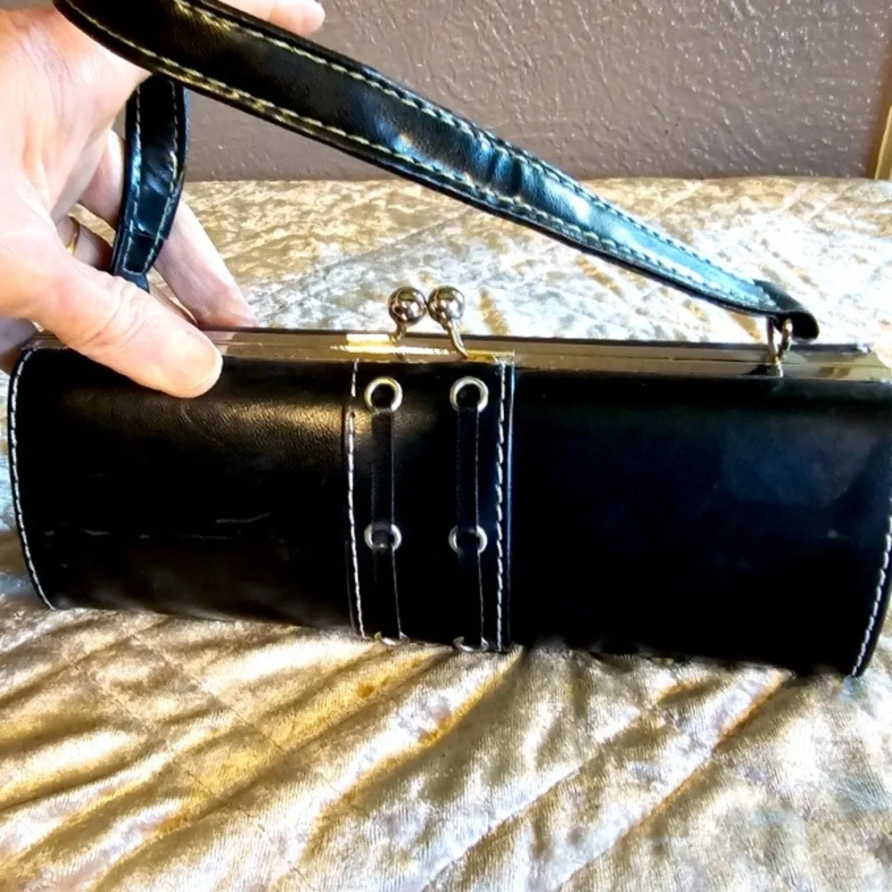 PURSE: Black & Silver Cylindrical Clutch, Vintage. EUC